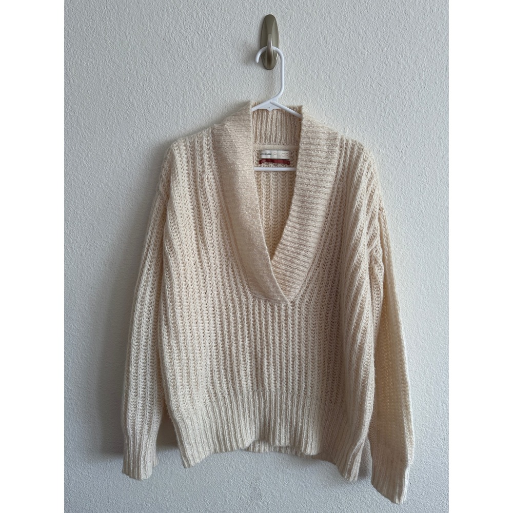 Anthropologie Pilcro Cream Cotton Wool Chunky Shaker Knit Shawl V-Neck Sweater M